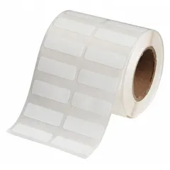 White rectangle precut label roll for BradyJET J2000 printer. Sizes: 1/2 in x 1 1/2 in and 1 1/2 in x 1/2 in. Temperature range -112°F to 158°F. Requires J20-CMY ribbon. For 8.0 mL vials/tubes.