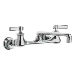 This widespread wall-mount kitchen faucet is constructed from cast brass and features a lever handle for ease of use. Designed for two mounting holes, it is suitable for commercial and institutional kitchens requiring a durable, wall-mounted fixture for reliable water delivery.