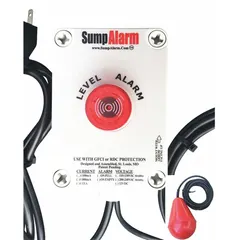 This liquid-level alarm operates at 120V AC and includes a tether float switch for high-level detection. It features auto/manual operation and a 90 dB audio/visual alarm with one alarm input. No battery backup is provided. Typical applications include monitoring water levels in sump pits, tanks, or basins to alert personnel of potential flooding or overflow.