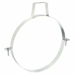 Steel duct hanger designed for supporting round ducts in HVAC systems. Includes bolts for installation. Suitable for use in commercial and industrial ventilation applications.