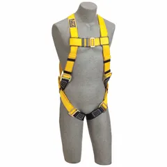 This unisex vest-style harness is designed for general fall arrest applications, including oil and gas environments. It features steel D-rings at the back, cam torso adjustment, and RFID tracking capability. The harness has a 420 lb weight capacity and is yellow in color with no padding.