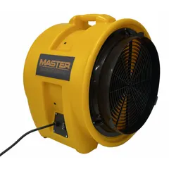 Portable axial blower with a 1/32 hp motor delivering 4,480 cfm at a single speed on 115 V. Fixed frame design for horizontal-only operation. Polyethylene housing in yellow. Suitable for general ventilation, drying, and fume exhaust in confined spaces, warehouses, and workshops.