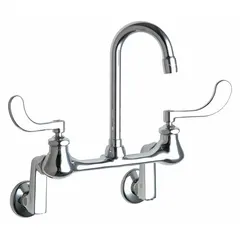 Wall-mounted widespread utility faucet from Series 631. Constructed of cast brass with a polished chrome finish. Includes mounting hardware. Suitable for commercial kitchens, bathrooms, and industrial wash stations where a gooseneck spout provides clearance and ease of cleaning.