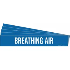 Blue adhesive pipe marker with white legend reading 'Breathing Air'. Designed for pipes with outer diameter of 8 inches and larger. Pack of 5 markers without arrows. Used to identify breathing air lines in industrial piping systems.