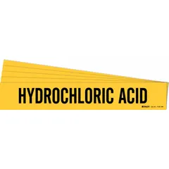 Yellow adhesive pipe marker with black legend reading 'Hydrochloric Acid'. Designed for pipes with outer diameter of 8 inches and larger. Each pack contains 5 markers without directional arrows. Used for identifying hydrochloric acid piping in industrial facilities.