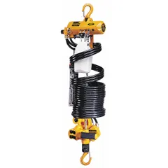 Hook-mounted air hoist with 500 lb lifting capacity and 53 fpm lift speed. Features a swivel hook with safety latch and NPT air inlet. Designed for precision lifting and positioning in industrial settings where compressed air is available.