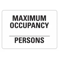 This plastic sign displays maximum occupancy limits for indoor spaces such as offices, facilities, and public areas. It features mounting holes for secure wall installation. The sign is not retroreflective and does not glow in the dark. Nominal size is 7 in x 10 in