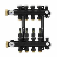Polymer manifold with one 1 1/4 in inlet and one 3/4 in outlet for branch distribution in hydronic heating systems. Used to connect supply and return lines in radiant heating applications