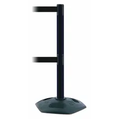 This retractable belt post barrier features a black plastic post and a black belt with no legend or pattern. The rubber base provides stability, and the 13 ft belt length allows flexible lane separation. Suitable for crowd control, queue management, and safety delineation in various settings.