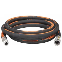 This hose assembly features a nitrile blend tube and cover for oil resistance. Rated for 150 psi working pressure with a temperature range of -31° to 158°F. Outside diameter is 1 15/16 inches. Suitable for fuel transfer and petroleum product handling in industrial and commercial applications.