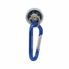 Magnetic carabiner hook with a single hook and point, finished in blue. Suitable for hanging lightweight tools, keys, or small parts in workshops, garages, or industrial settings where magnetic attachment is convenient.