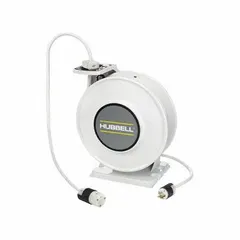 Self-retracting cord reel with ratchet lock mechanism. Includes 45 ft of 12 AWG SJO cable. Feeder cord ends in NEMA 5-20P plug; retractable cord ends in NEMA 5-20R connector. Suitable for managing power delivery to tools and equipment in industrial and commercial settings.