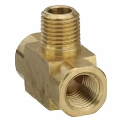 Threaded high-pressure pipe tee for splitting or combining fluid flow in hydraulic and pneumatic systems. Constructed from C37700 brass with a 1/4 in x 1/4 in x 1/4 in configuration. Rated for maximum operating pressure of 1,000 psi. Overall length of 2 17/64 in.