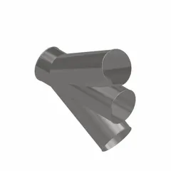 Stainless steel branch fitting for 10-inch duct diameter. Features a 30° angle and 29-inch overall length. Used in industrial ventilation and dust collection systems to split or redirect airflow.