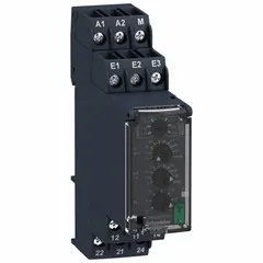This DIN-rail mounted relay monitors undercurrent conditions in industrial circuits. Rated 8 A at 24 to 240 V AC/DC with screw terminals and 12 pins. Drop-out range ±10%. Used for detecting current drops in motor, pump, or conveyor applications.