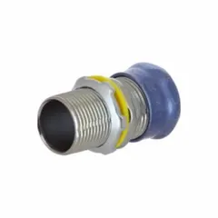 Steel compression conduit connector for joining metallic conduit to boxes or enclosures. Non-insulated design with rain-tight construction for wet locations. Trade size 3/4 in, overall length 2 9/32 in.