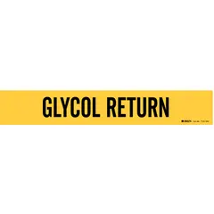 Yellow adhesive pipe marker with black legend reading 'Glycol Return', without arrows. Designed for pipes with outer diameter of 8 inches and larger. Used to identify glycol return lines in piping systems.