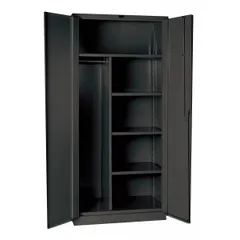 This corrosion-resistant industrial combination cabinet from HALLOWELL features a dark gray frame, four adjustable shelves, and a hanging rod for versatile storage of tools, parts, and equipment. The swing handle and padlock hasp provide security, while the assembled frame ensures immediate use. Suitable for indoor industrial environments such as factories and warehouses.