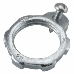 Steel, zinc-plated grounding locknut for threaded rigid metal conduit (RMC) and intermediate metal conduit (IMC). Provides a secure grounding connection in electrical conduit systems. Trade size 2-1/2 in.