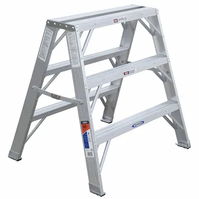 WERNER Step Stool: 3 Steps, 3 ft Overall Ht, 300 lb Load Cap, Aluminum - Dual-Side Access Folding Step Stools