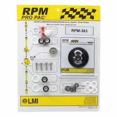 Pump head service and repair kit for LMI RPM series metering pumps. Contains components necessary for pump head rebuilds in water treatment, chemical dosing, and industrial fluid handling applications.