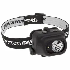 This NIGHTSTICK headlamp delivers up to 180 lumens with a maximum beam distance of 158 meters. It features four light outputs and is powered by three included AAA batteries. The black polymer housing is suited for hands-free illumination in industrial maintenance, inspection, and outdoor work.