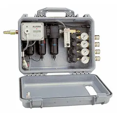 Portable filtration panel for supplied-air respirator (SAR) systems, supporting up to four users. Delivers 60 cfm air flow at 125 psi max pressure. Includes a pressure regulator and Quick-Disconnect Hansen fittings. Operates on AC power. Suitable for applications requiring breathable compressed air, such as painting, chemical processing, and abrasive blasting.