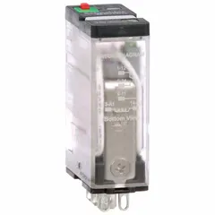 Socket-mounted relay with SPDT contact configuration, rated 15 A at 120/150V and 240V AC. Features a square base and Faston terminal electrical connection. Designed for use with an L socket. Suitable for switching loads in industrial control panels, HVAC systems, and automation equipment.