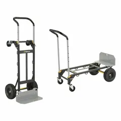 This 2-position steel convertible hand truck from GORILLA features a single-loop handle and a tapered nose plate for easy loading. It is finished in black and equipped with pneumatic rubber tires. Typical applications include moving heavy loads in warehouses, delivery services, and industrial facilities where maneuverability on uneven surfaces is required.