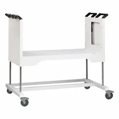 This mobile base stand provides a stable elevated platform for fume hoods and biosafety cabinets in laboratory environments. Constructed with white powder-coated steel, it measures 77 5/8 inches wide, 34 1/4 inches deep, and 60 inches high with no doors.