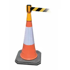 Plastic barrier tape belt for traffic cones. Features a 9-inch black belt with blank legend for custom labeling. Yellow plastic housing. Maximum belt length 11 7/8 ft, overall height 3/4 ft. Used to create temporary pedestrian or vehicle barriers.