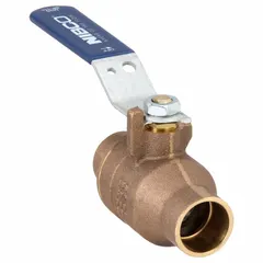 Bronze two-piece ball valve with full port and straight pattern. 1-1/4 in sweat x sweat connections for copper pipe installation. Lever handle for manual on/off flow control. Suitable for water, oil, and gas applications in commercial and industrial piping systems.