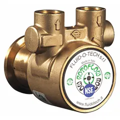 Low-lead brass body rotary vane pump head with 3/8" NPT ports and carbon vanes. Maximum flow 40 gph. NSF 169 listed. Suitable for beverage carbonation systems and other potable water applications. Strainer and relief valve not included.