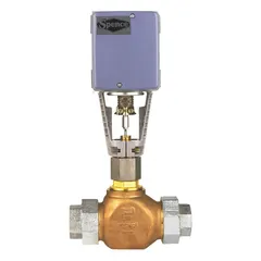Bronze body electric globe valve with 1-inch FNPT connections. Features a stainless steel disc, 303 stainless steel stem, and brass bonnet. Actuator accepts 4-20 mA input control signal. Suitable for flow regulation of water and fuel media in industrial piping systems.