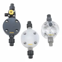 Plastic pump head for LMI metering pumps. Used as a replacement component in chemical dosing and process fluid handling systems. The plastic construction offers corrosion resistance in various chemical environments.