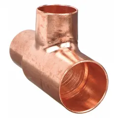 Wrot copper tee fitting with cup x cup x cup ends for soldered connections. Main run is 3 in CTS, branches are 2 in CTS. Used to join or reduce flow in copper tubing systems for plumbing, HVAC, and industrial piping.