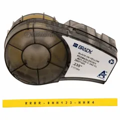 Polyolefin sleeve label roll cartridge in yellow matte finish. Accommodates wire gauges 16 AWG to 22 AWG. Compatible with M210 printer series. Used for on-demand identification of industrial wiring in electrical panels and machinery.