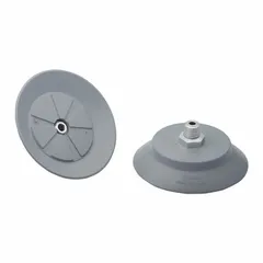 This vacuum pad assembly is designed for handling electronic components and flat workpieces in automated pick-and-place systems. It features an NBR material with 55 A durometer for reliable grip on smooth surfaces without marking. The pad has a diameter of 66.4 mm and a height of 22 mm, with a 1/4 in NPT connection.