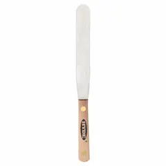 This standard spreading tool features a spring steel blade with a semi-circle shape and a hardwood handle. It is used for applying and smoothing compounds, adhesives, and fillers in construction and maintenance tasks, particularly in tight or curved areas.