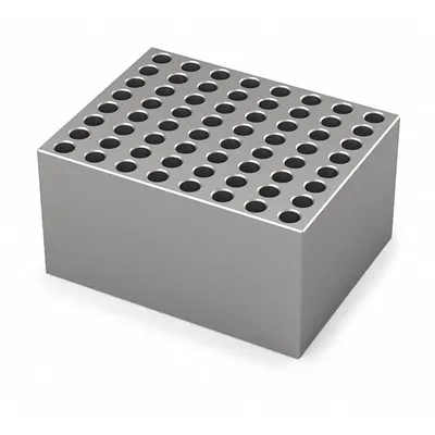 IKA Dry Block: Anodized Aluminum, 3 3/4 in Overall Wd, 3 in Overall Lg, 64 Wells - Dry Bath Blocks