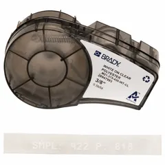 Polyester, clear (gloss), indoor thermal transfer continuous label roll cartridge. 3/8 in x 21 ft. Compatible with M210 printer series. Used for asset tagging, cable marking, and general identification.