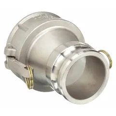 316 stainless steel female coupler x male adapter with nitrile gasket and locking arm. Rated for 100 psi working pressure at 70°F, overall length 6 3/8 in. Used for quick-connect/disconnect in industrial fluid transfer systems.