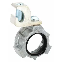 Zinc-plated grounding bushing with insulated design for 1/2-inch trade size conduit. Overall length of 9/16 inch. Used to secure and ground conduit connections in electrical systems, providing a safe grounding path while preventing accidental contact with live parts.