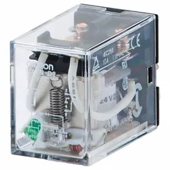 This OMRON LY series relay is a socket-mounted general purpose relay with a DPDT contact configuration. It operates on 200/220V AC and features a square base with plug-in mounting and 8 pins/terminals for use with a D socket. Typical applications include switching loads in control panels, automation systems, and industrial machinery.