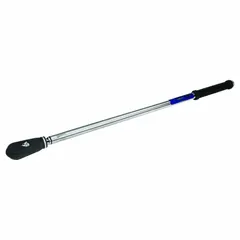 Standard-head electronic torque wrench with ratcheting mechanism. Measures in foot-pounds, inch-pounds, and newton-meters. Torque range 30 to 600 ft-lb. Includes LED indicator light for visual feedback. Suitable for precision fastening in industrial maintenance, automotive repair, and assembly applications.
