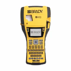 Handheld label printer with 1-inch, 300 dpi printhead. No wireless connectivity. Includes battery, AC adapter, indoor/outdoor vinyl label cartridge, and Brady Workstation Basic Design Suite software. Suitable for on-site industrial identification such as cable marking, panel labeling, and asset tagging.
