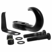 This CURT tow hook is constructed from steel with a black finish. It measures 5-1/2 inches in overall length and 3-1/8 inches in overall width. Designed for towing and vehicle recovery, it provides a secure attachment point for straps or chains
