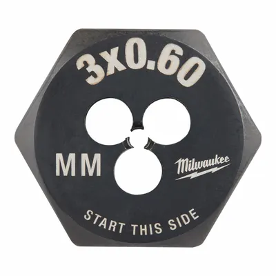 MILWAUKEE Hex Threading Die: M3x0.6 Metric, 1 in Hex Wd, Black Oxide Carbon Steel (MPN 49-57-5310) - Solid Hex Rethreading Dies