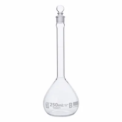 GLOBE SCIENTIFIC Glass Flasks: 250 mL, Colorless, B, 0.24 mL, Includes Closure - Glass Volumetric Flasks