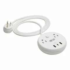 White desktop surge protector with two outlets, 6 ft cord, 300 J energy rating, and 4.8 A current. Features a 5-15P plug and compact desktop mounting. Suitable for basic surge protection of small electronics in home or office settings.